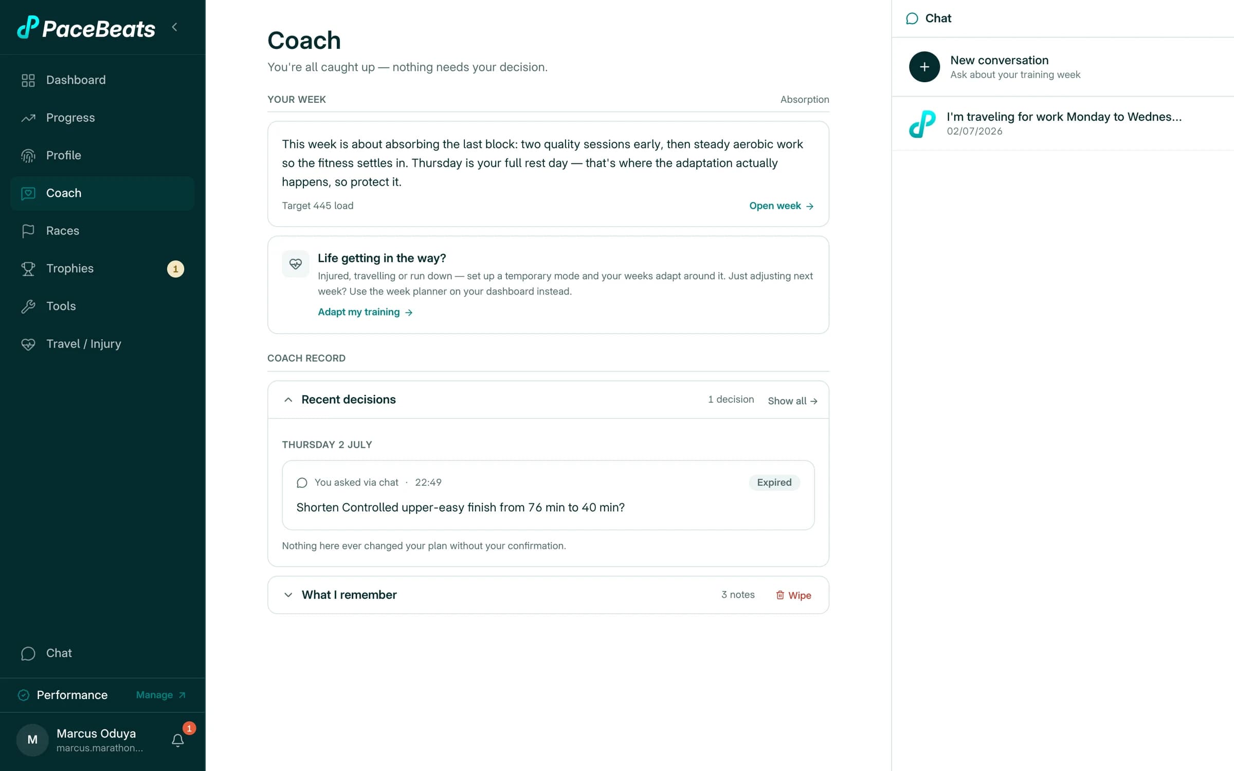PaceBeats plan-change proposal showing what the coach suggests, why, what changes, and what stays the same — waiting for the athlete to confirm