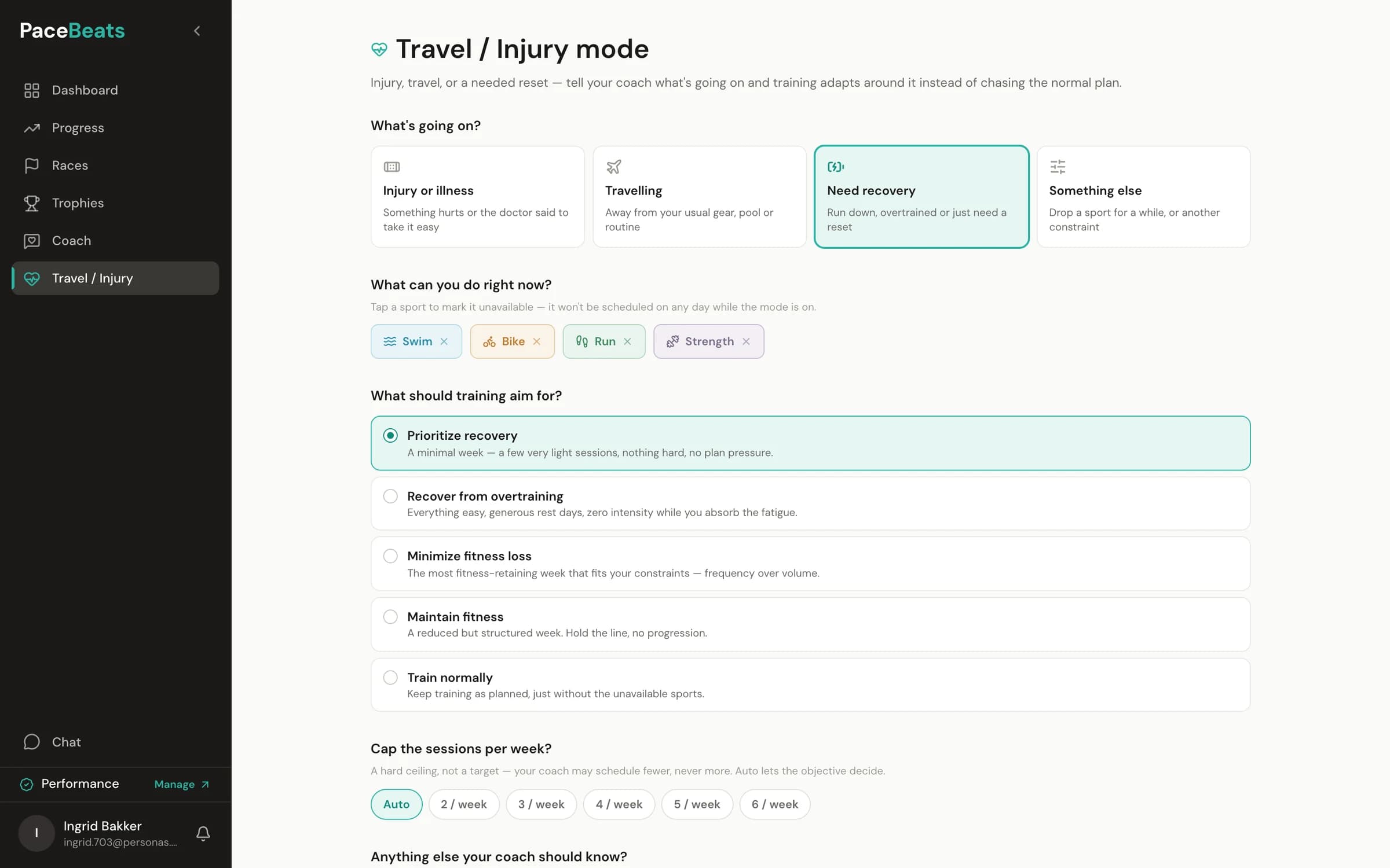 PaceBeats Travel / Injury mode: pick what's going on, mark sports unavailable, and choose what training should aim for — recovery through train-normally
