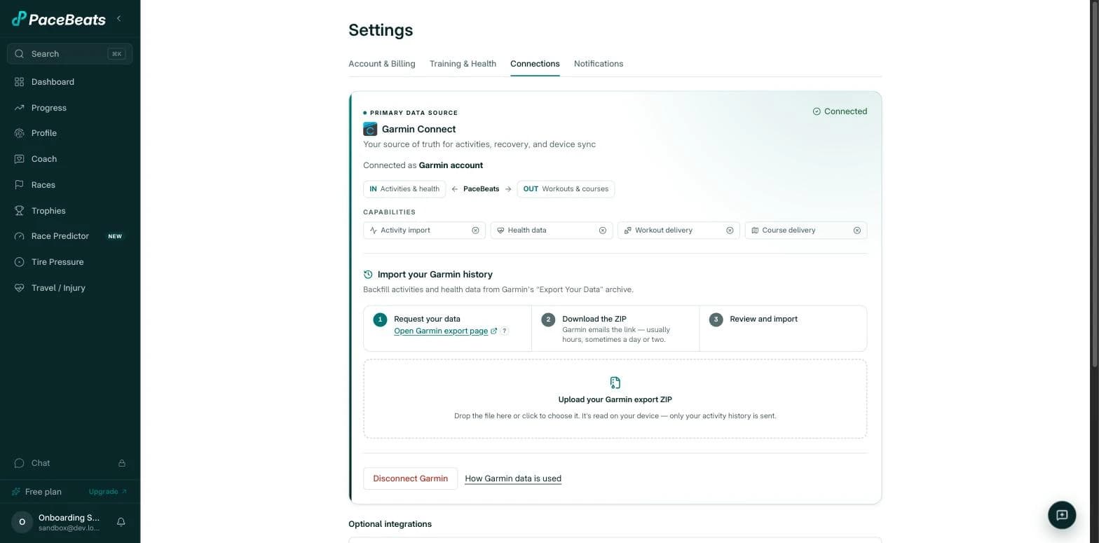 The Import your Garmin history section in Settings, with the three request steps and the upload area