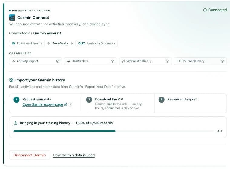 Import progress: bringing in your training history, with a live record count