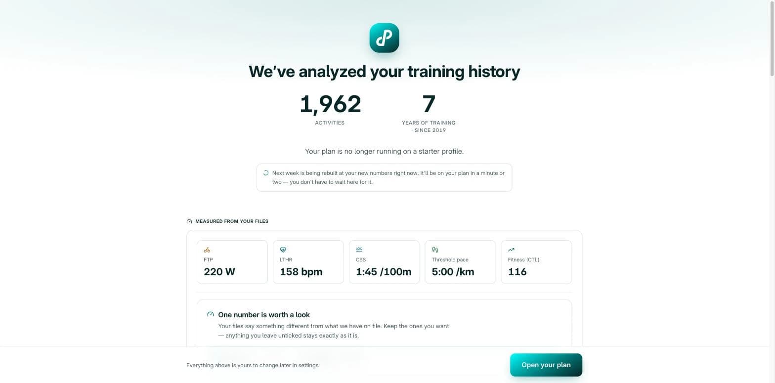 The reveal screen after import: activities analyzed, years of history, and measured thresholds