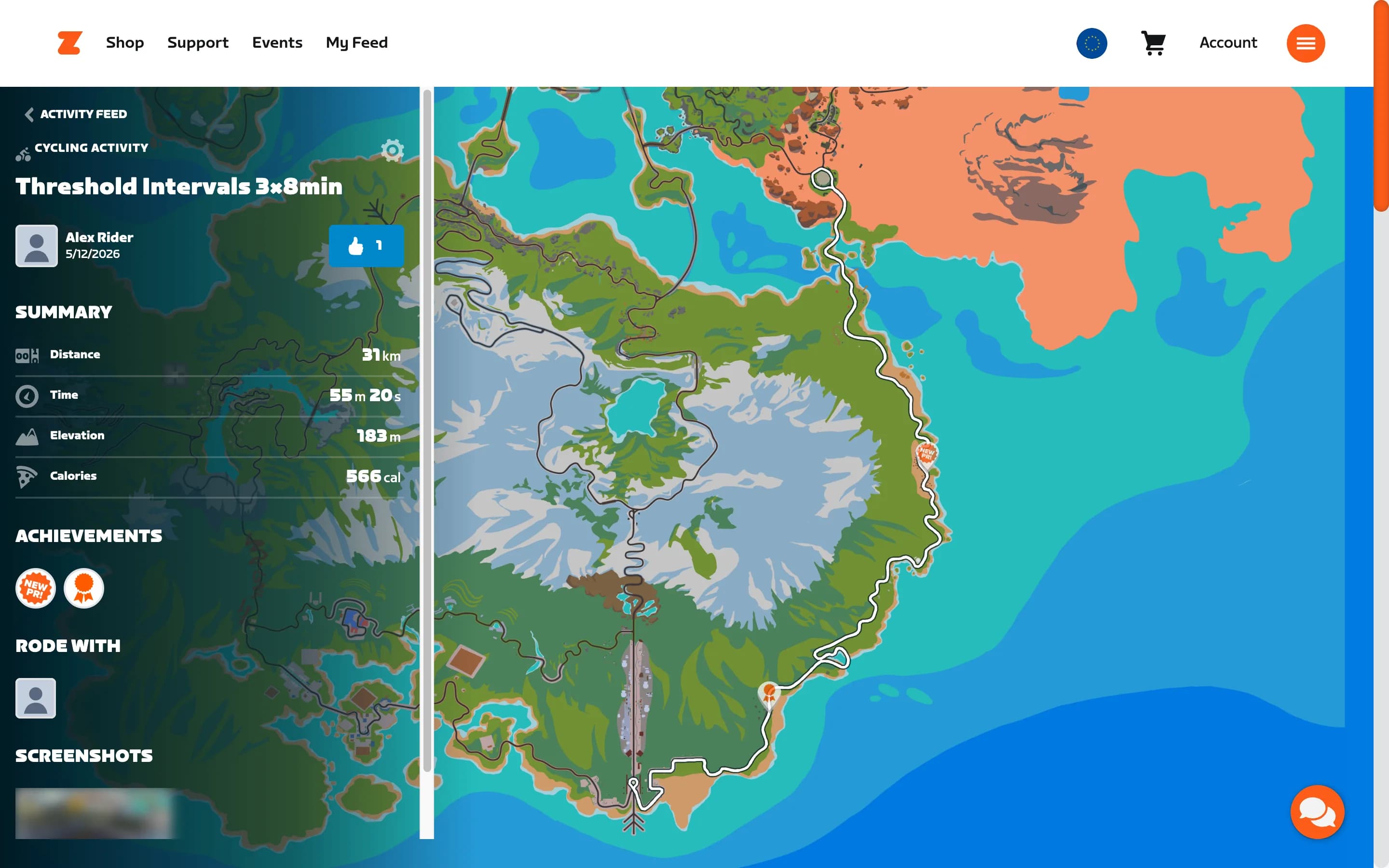 A Zwift activity page with the route map and the gear icon in the top-right of the summary panel
