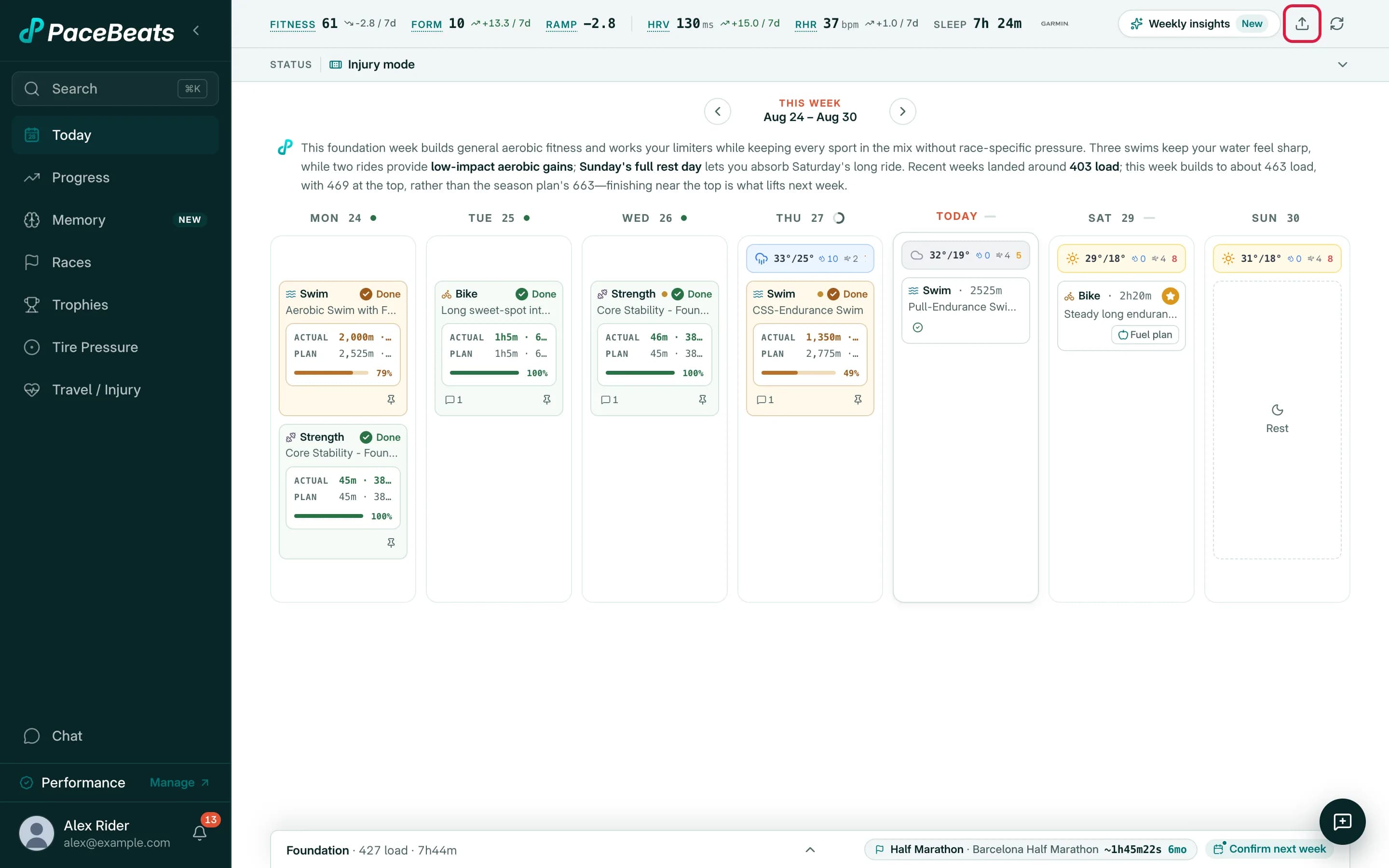 The PaceBeats dashboard with the upload icon highlighted in the top-right of the header