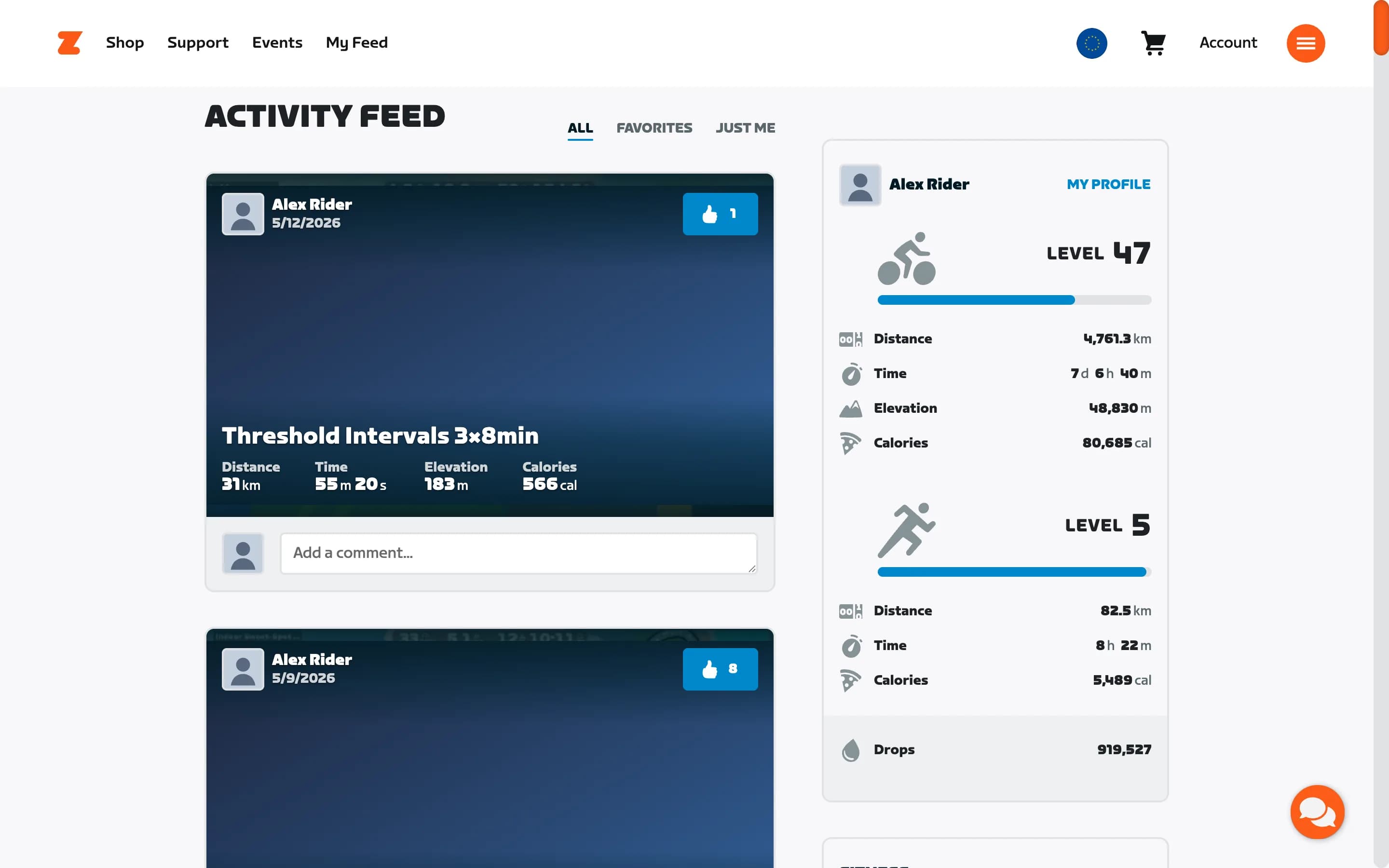 Zwift's Activity Feed page on the web, showing a recent ride card