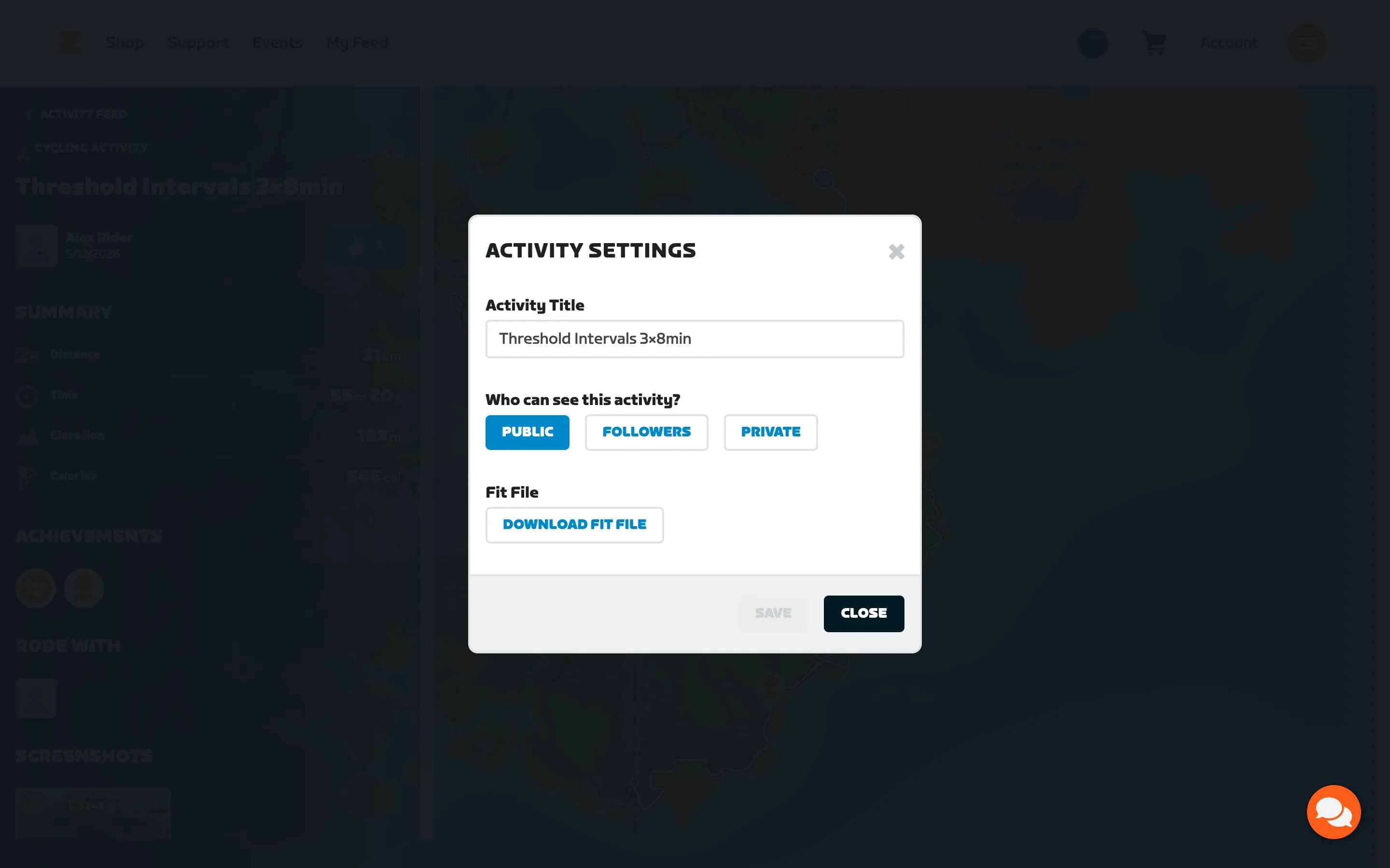 Zwift's Activity Settings dialog with the Download FIT File button under Fit File